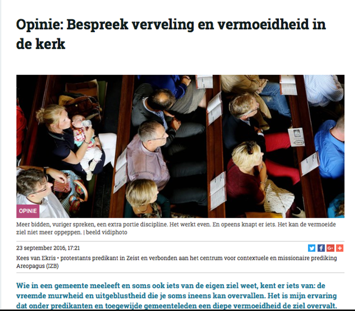 Artikel verveling in kerk